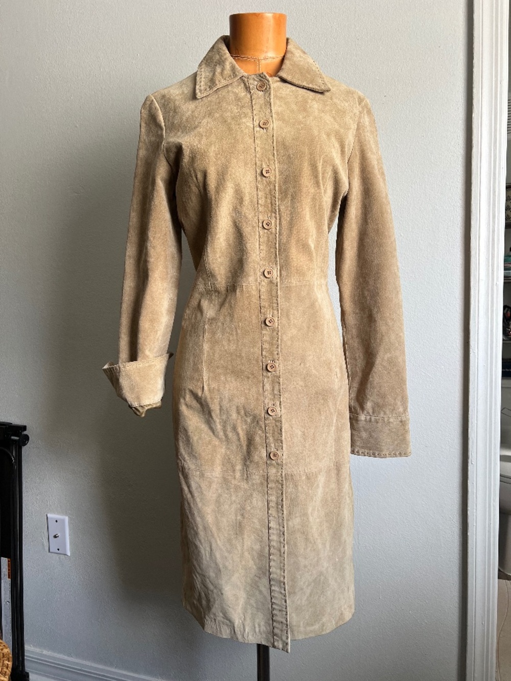 Anjum New York Genuine Suede Leather Trench Coat – Tan/Khaki – Size M